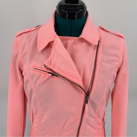 Zara TRF Premium Wash Salmon Pink Moto-Style Lightweight Denim Jacket, Small - Picture 5 of 16